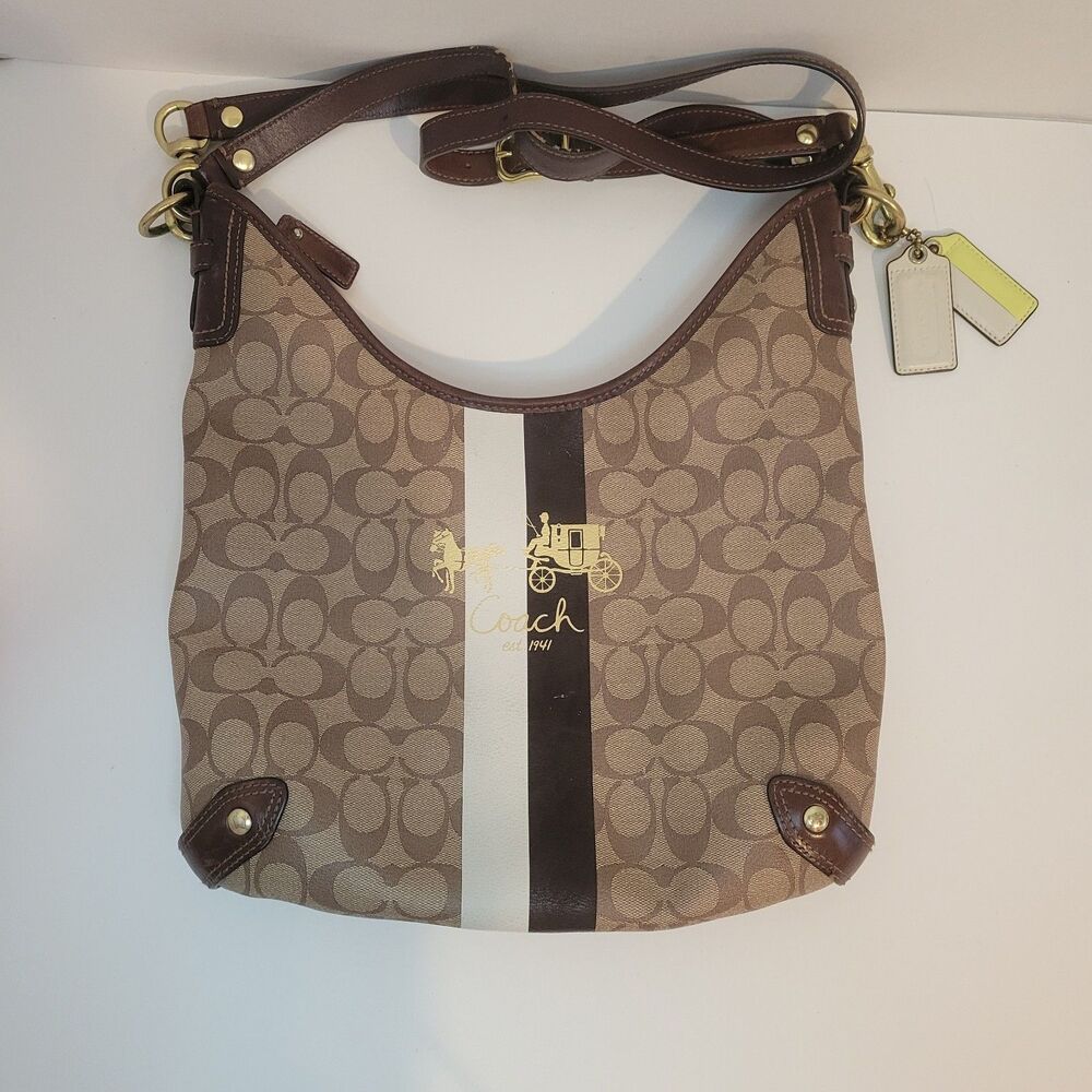 Coach Signature Stripe Crossbody Shoulder Bag Khaki Brown Leather Trim Good...